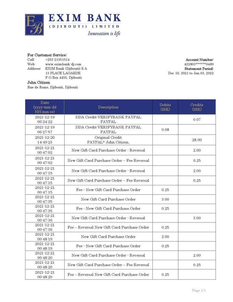 Djibouti Exim Bank Statement Template