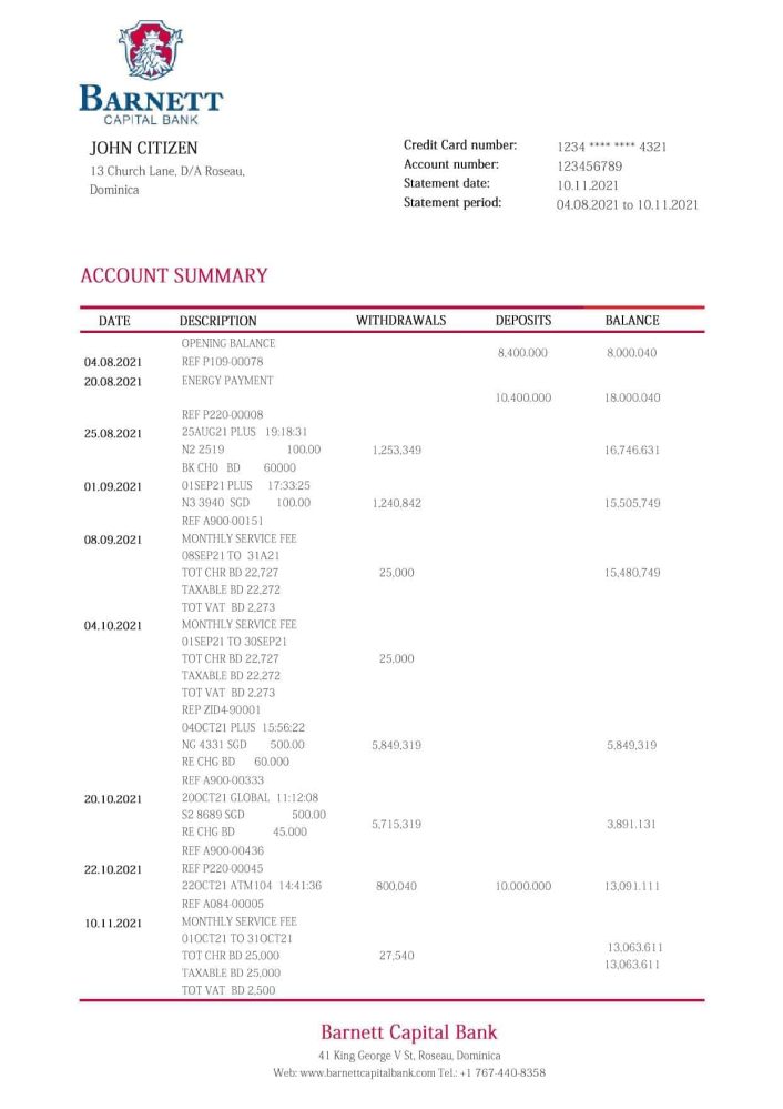 Dominica Barnett Capital Bank Statement Template