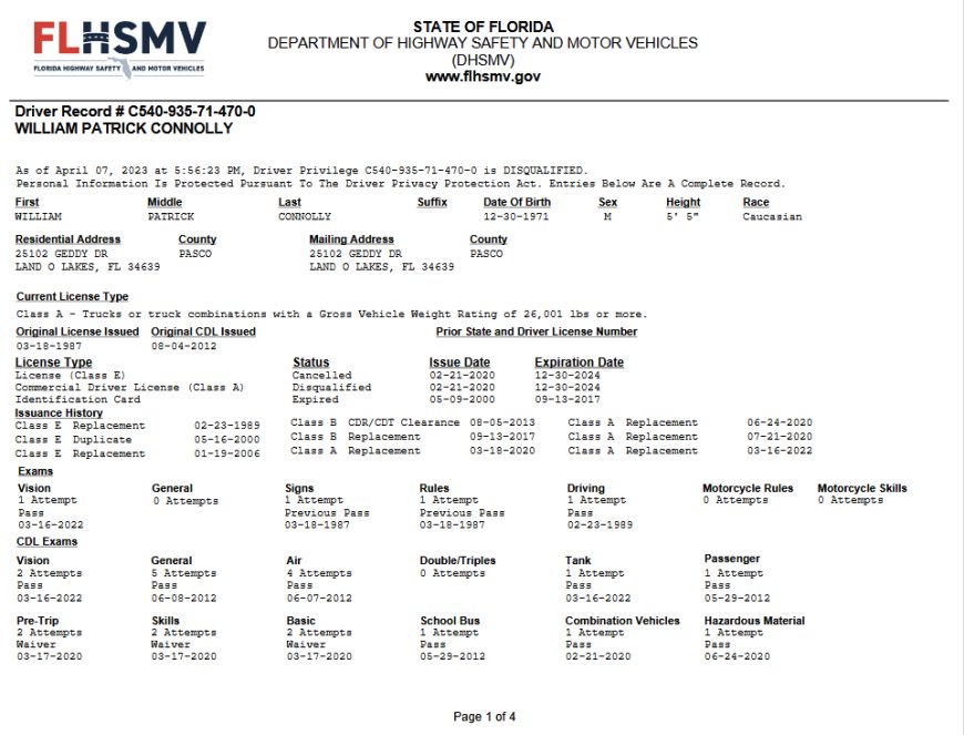 Florida USA Driver Record Template - A Customizable Guide in PDF and Word Format