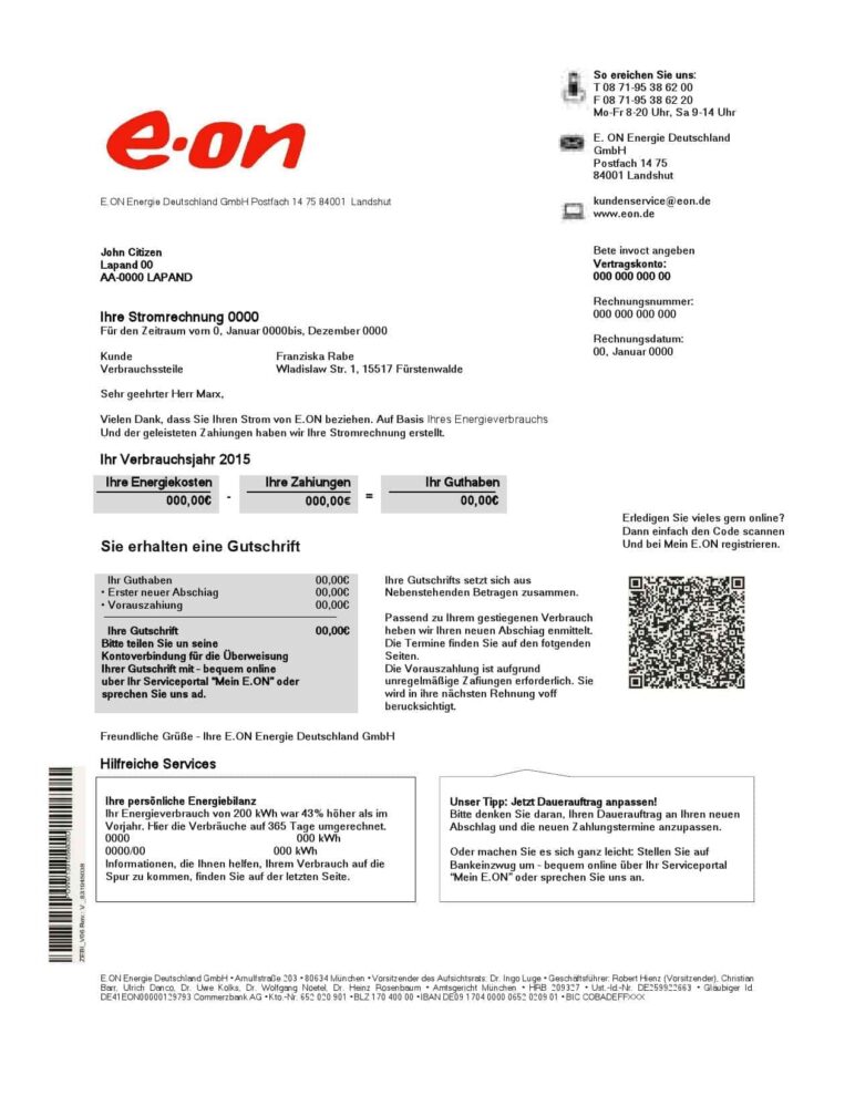 Germany E.ON Energie Electricity Utility Bill Word And PDF Template