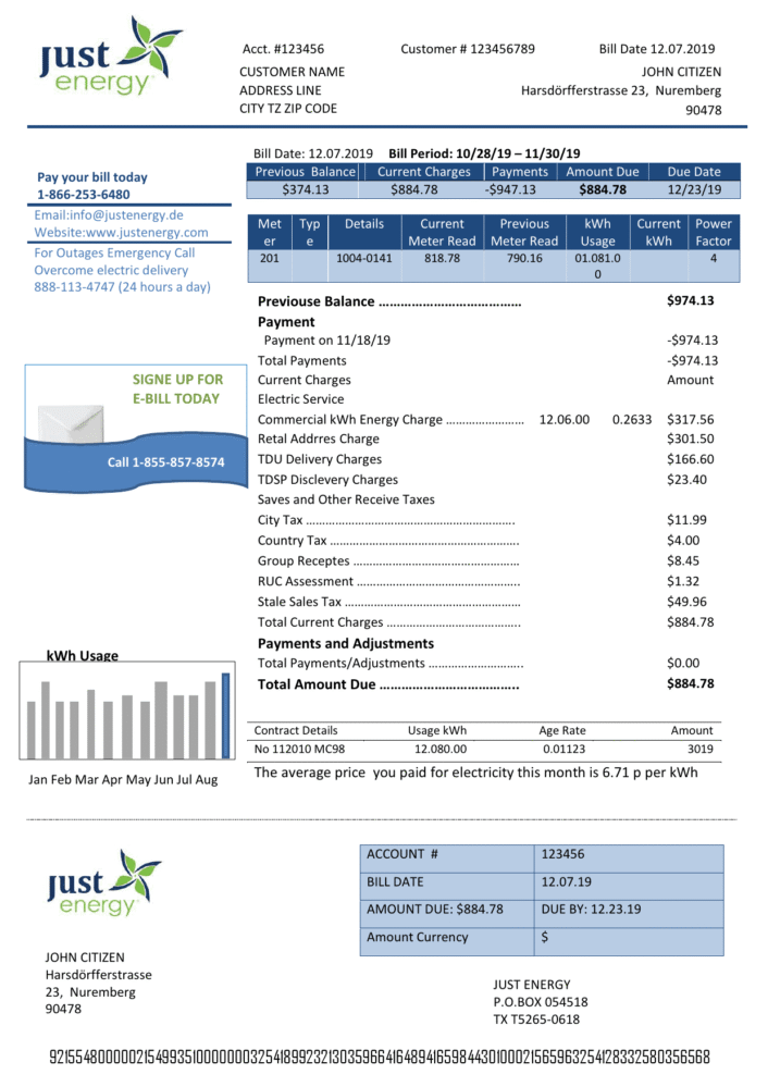 Germany Just Energy Utility Bill Word And PDF Template