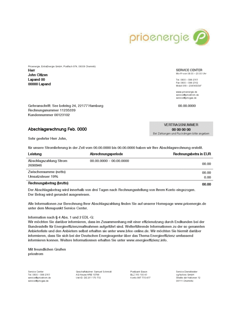 Germany Prioenergie Utility Bill Word And PDF Template