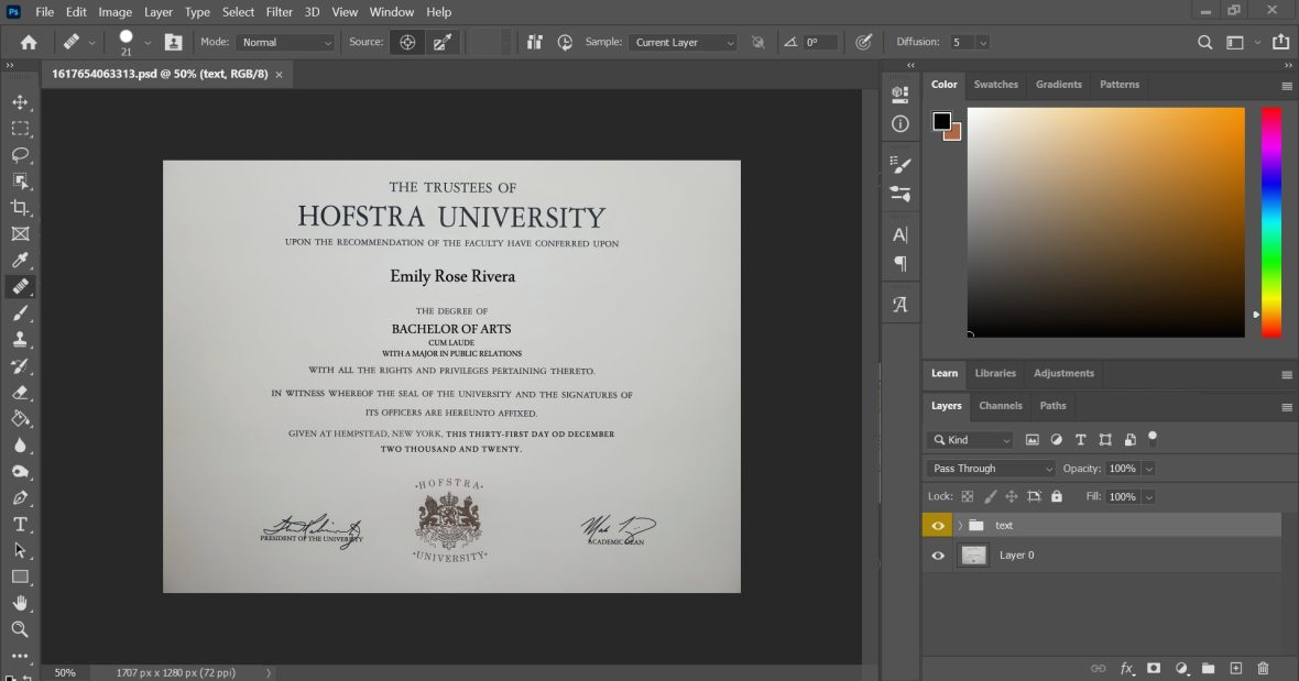 Hofstra University Certificate PSD Template