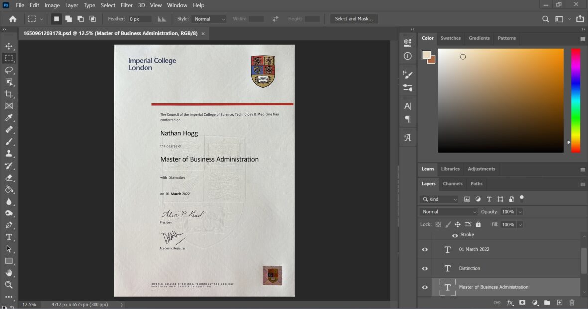 Imperial College London Certificate PSD Template