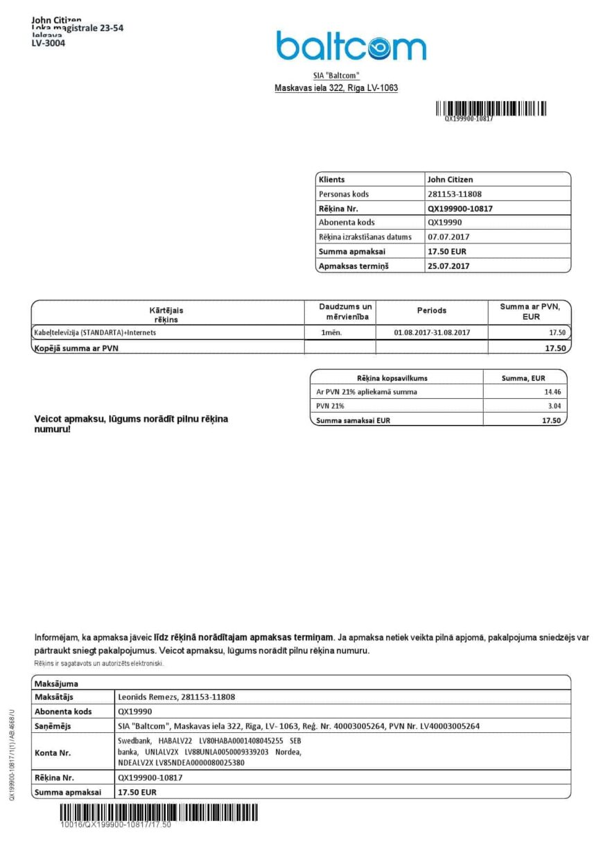 Latvia Baltcom Telecommunications Utility Bill Word And PDF Template English version