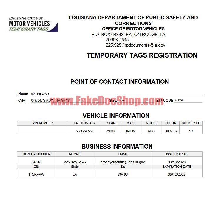 Louisiana TEMPORARY Car Title Certificate Template in Word and PDF Format
