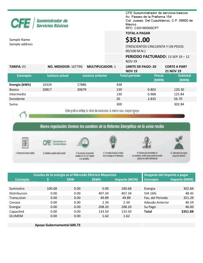 Mexico Electricity CFE Utility Bill Word And PDF Template