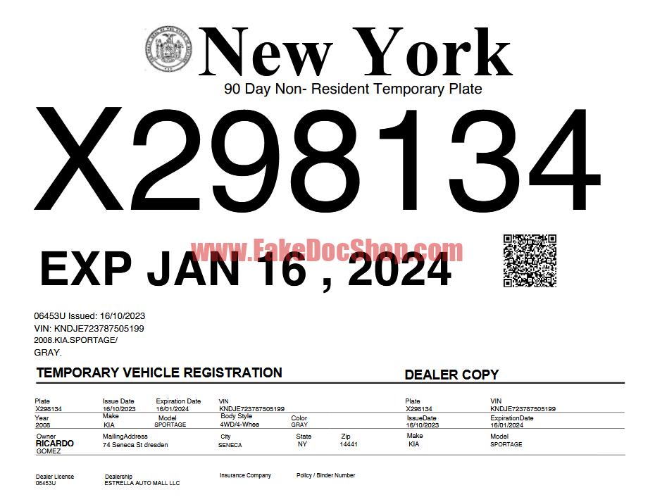 New York Temporary Vehicle Registration Template