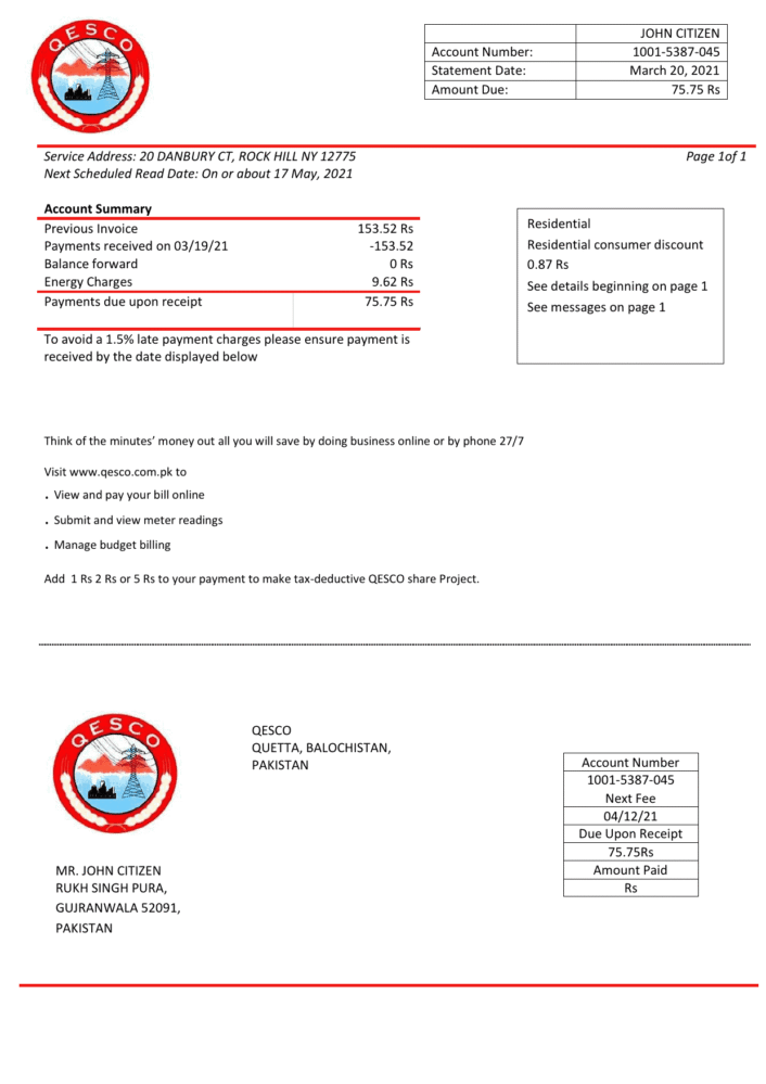 Pakistan Quetta Electric Supply Company Electricity Utility Bill Word And PDF Template