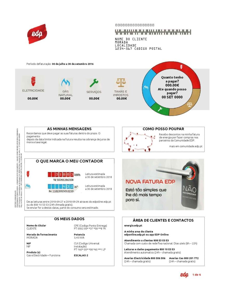 Portugal EDP Utility Bill Word And PDF Template