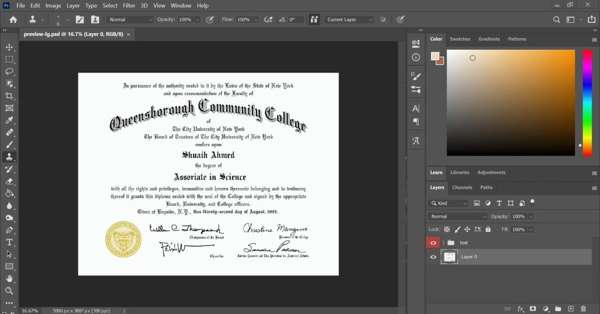 Queens Borough Community College Certificate PSD Template