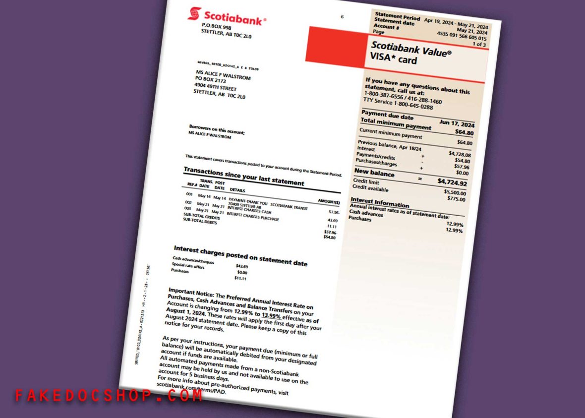 Scotiabank Statement - A Look at a Canadian Credit Card Account Template