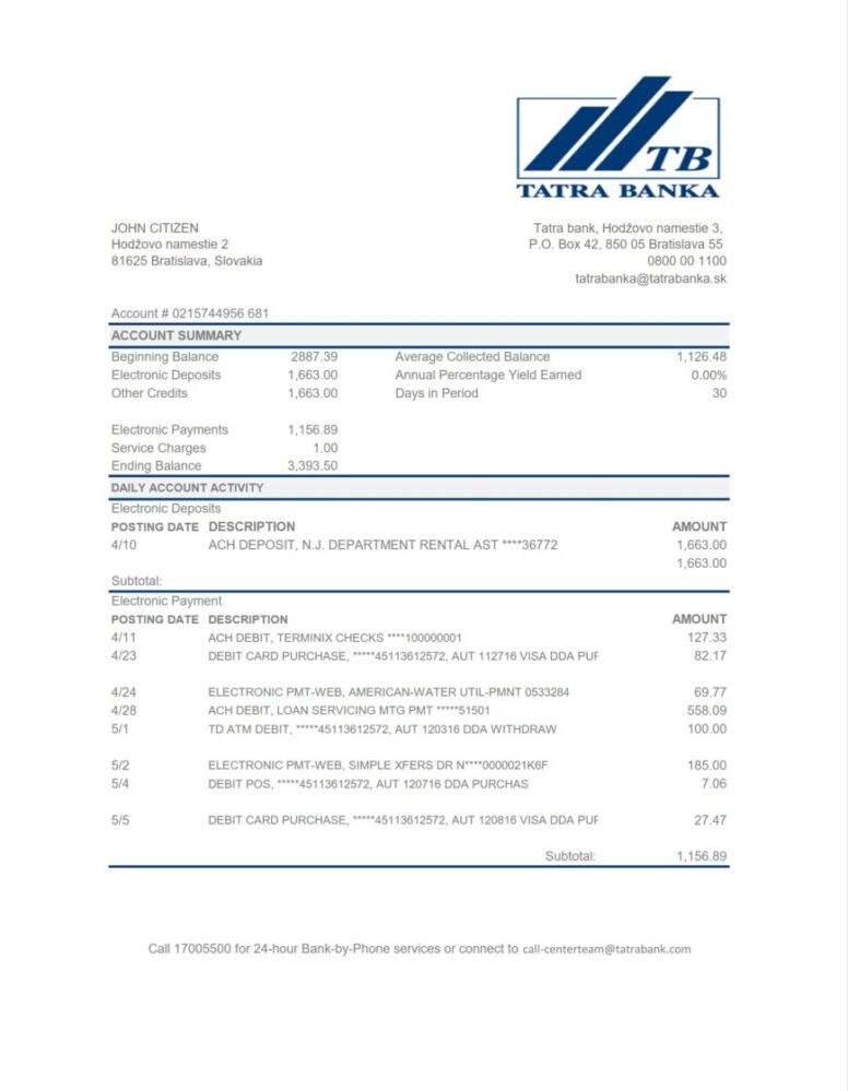 Slovakia Tatra Bank Statement Template 870x1120 1