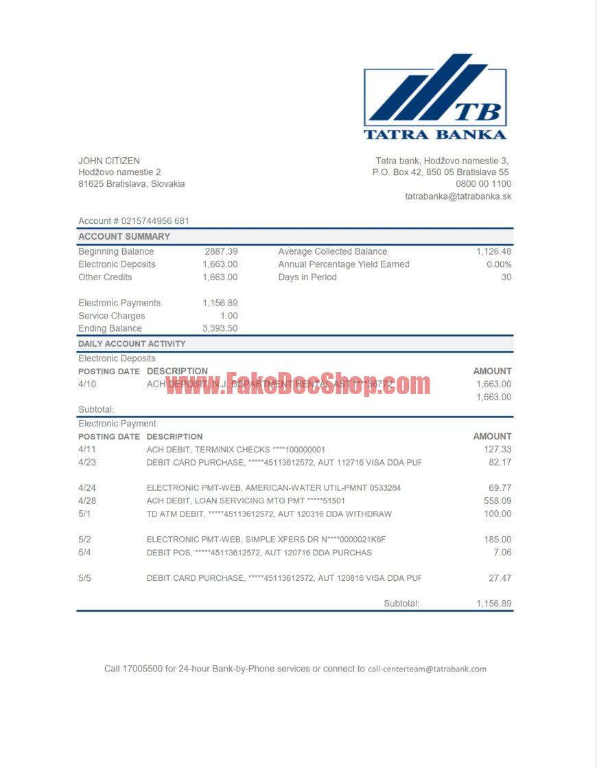 Slovakia Tatra Bank Statement Template 870x1120 1