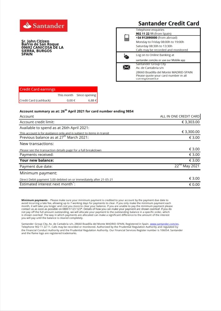 Spain Santander Credit Card Bank Statement Template