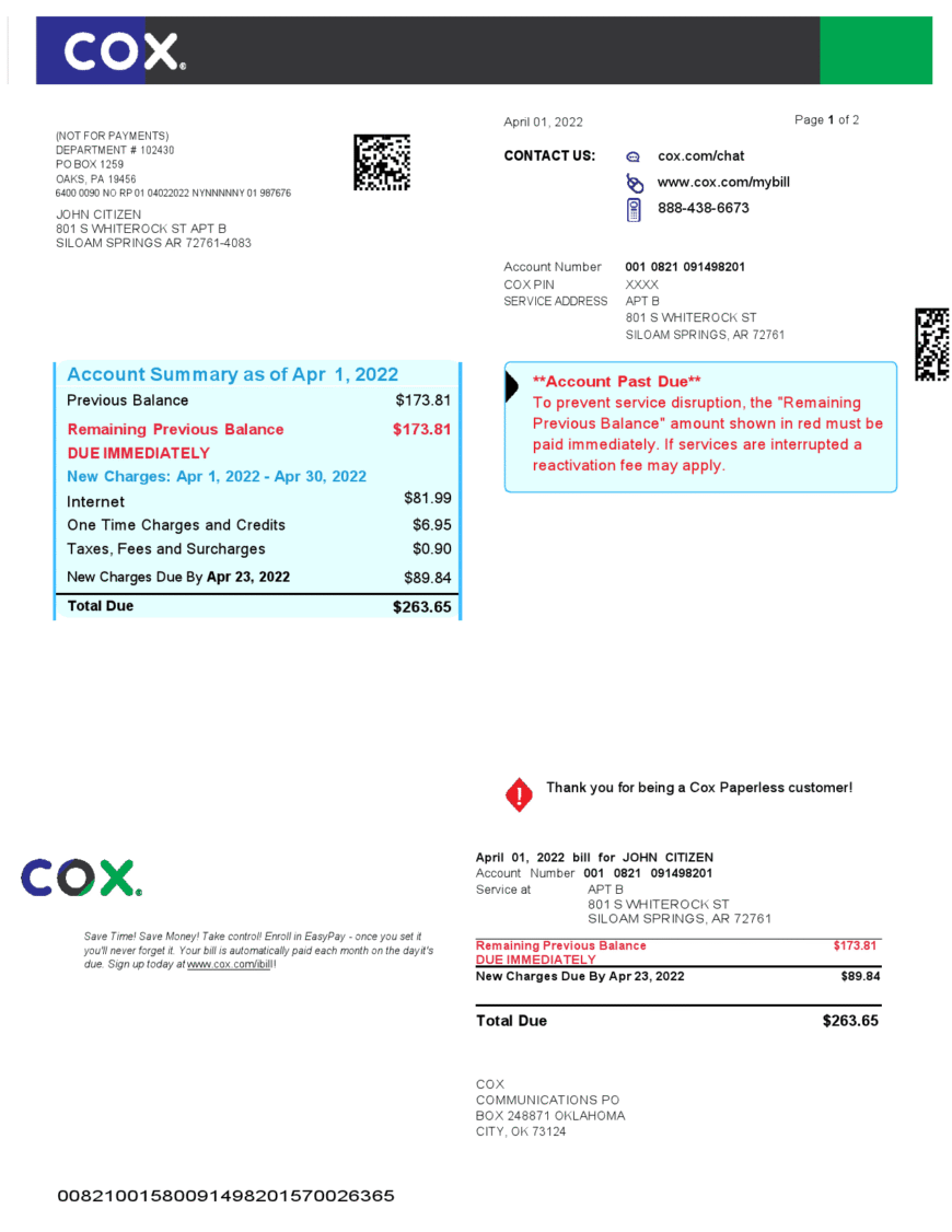 USA COX Digital Cable Television Utility Bill Word And PDF Template 2 Pages