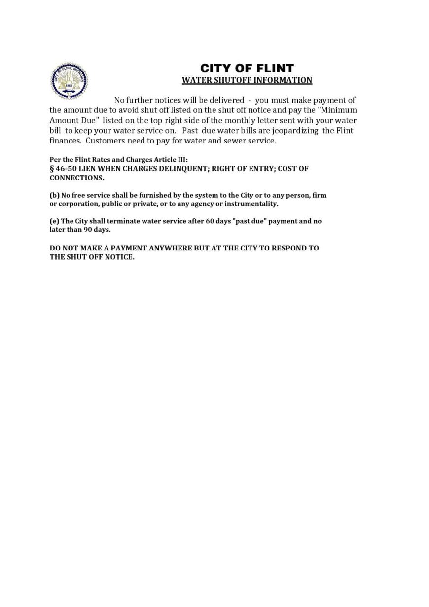 USA City Of Flint Michigan Water Utility Bill Shutoff Notice Word And PDF Template Version 2