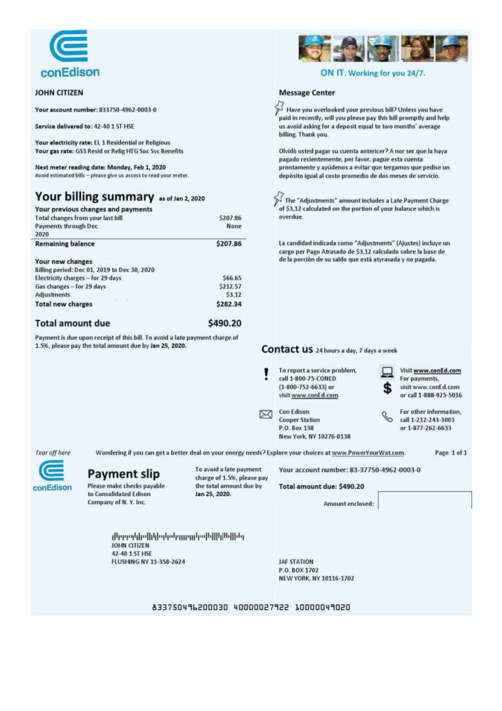 USA Con Edison Electricity Utility Bill Word And PDF Template