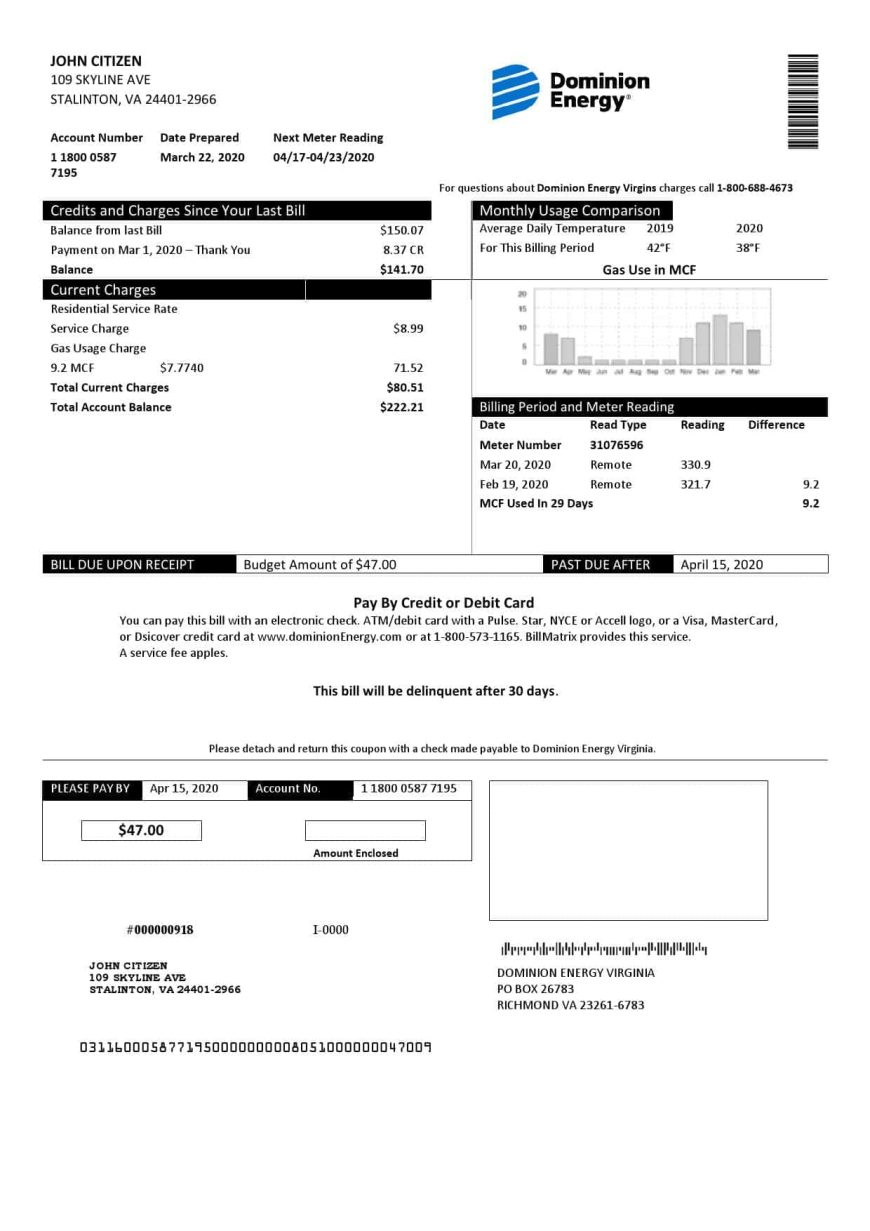 USA Dominion Energy Utility Bill Word And PDF Template