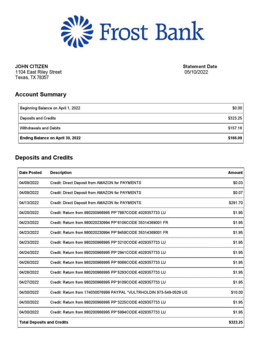USA Frost Bank Statement Word And PDF Template 2 pages