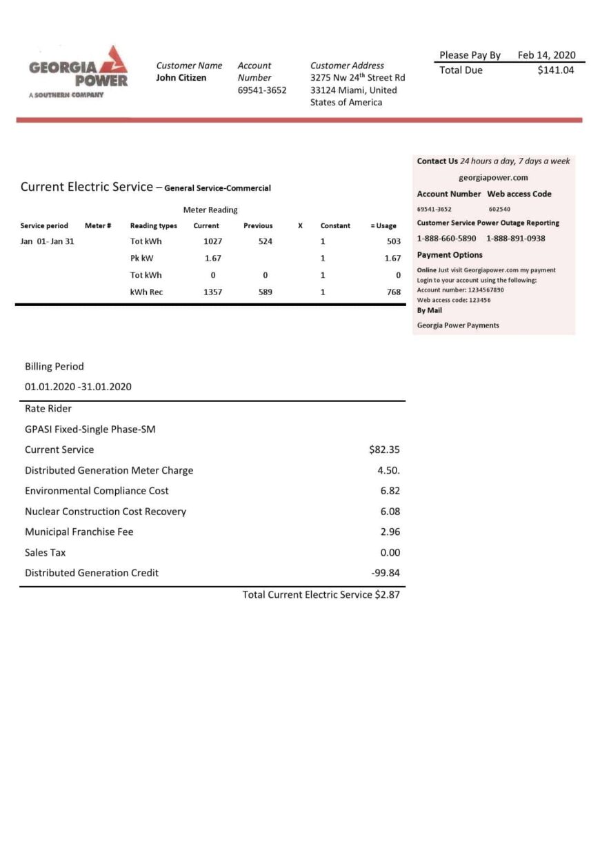 USA Georgia Power Utility Bill Word And PDF Template