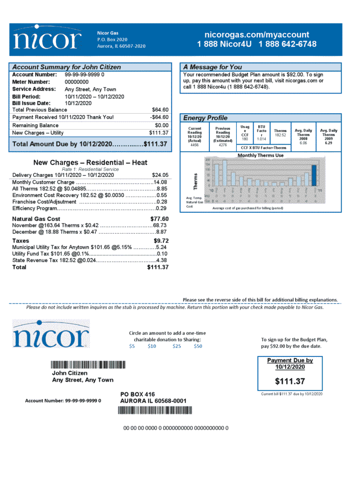 USA Illinois Nicor Gas Utility Bill Word And PDF Template