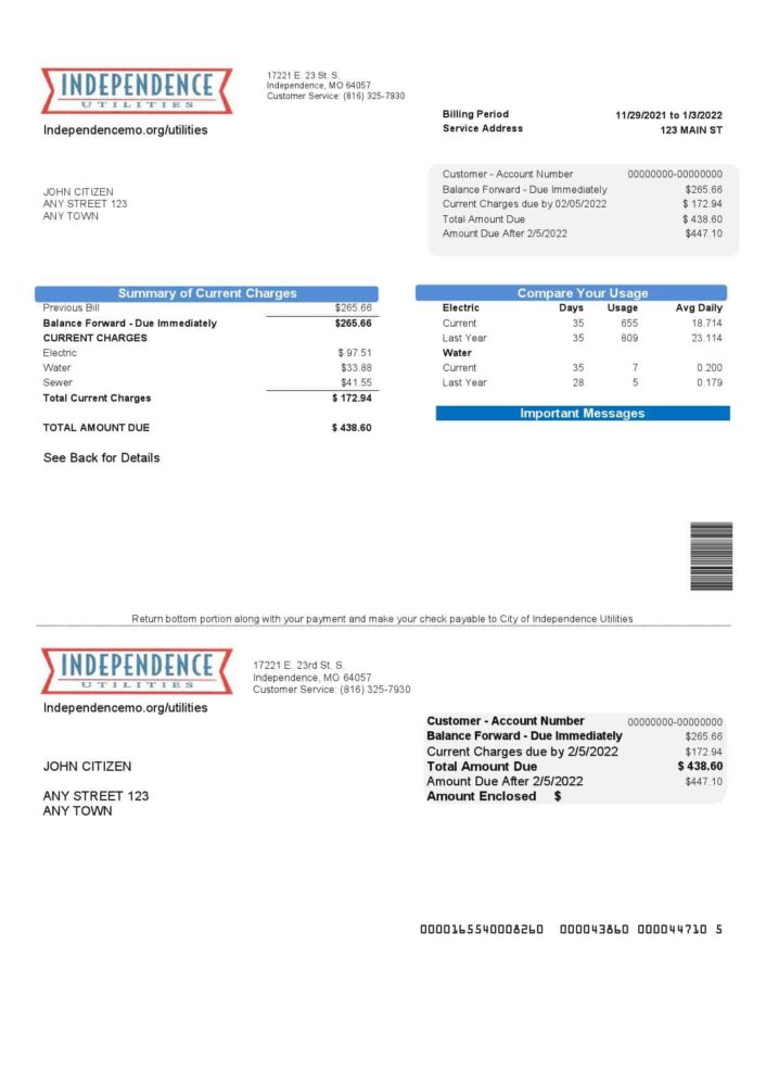 USA Missouri Independence Utilities Utility Bill Word And PDF Template