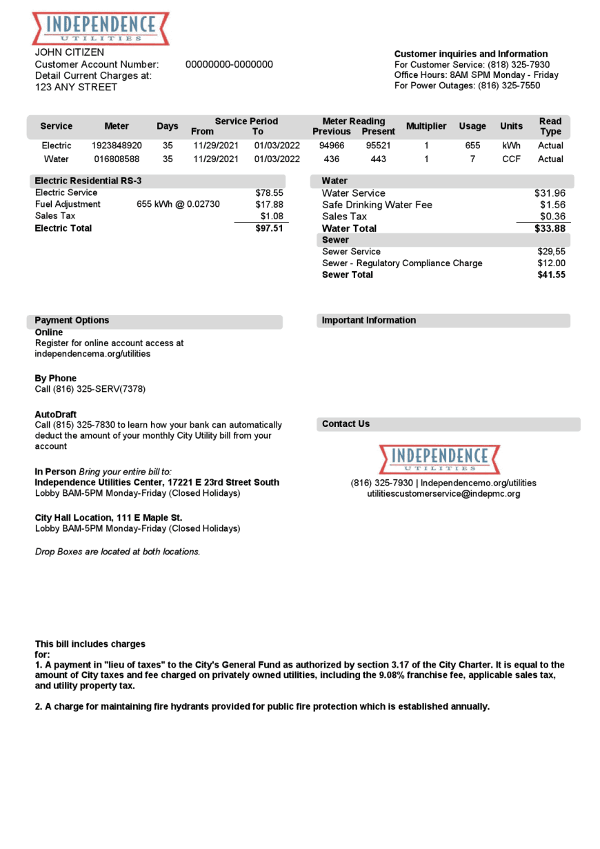 USA Missouri Independence Utilities Utility Bill Word And PDF Template version 2