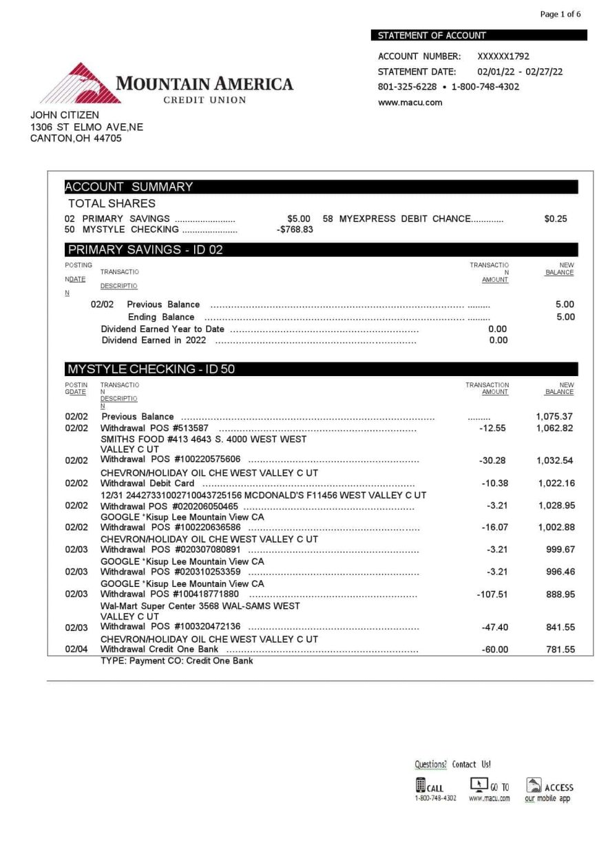 USA Mountain America Credit Union Bank Statement Word Aand PDF Template 6 pages
