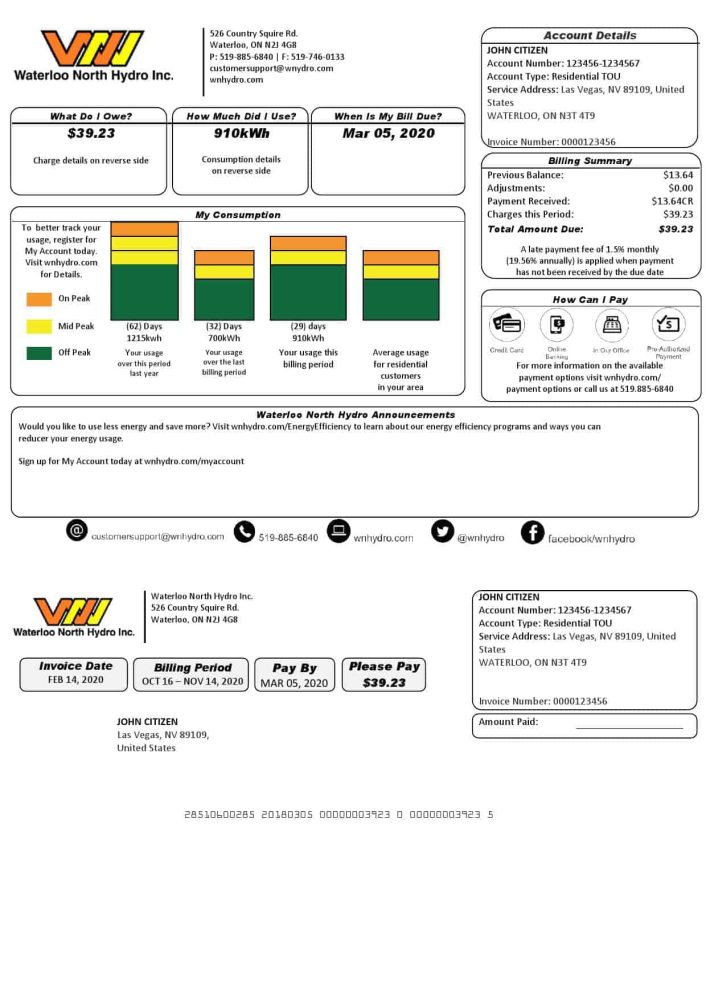 USA Nevada Waterloo North Hydro Utility Bill Word And PDF Template Version 2