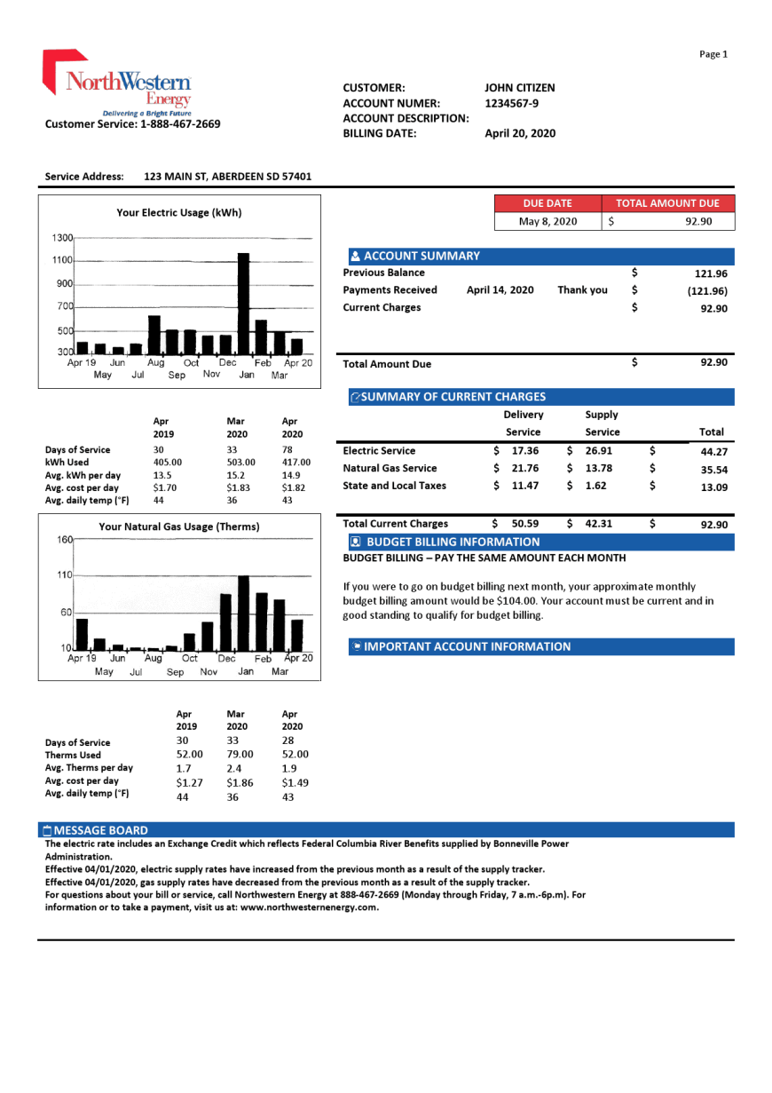USA NorthWestern Energy Utility Bill Word And PDF Template