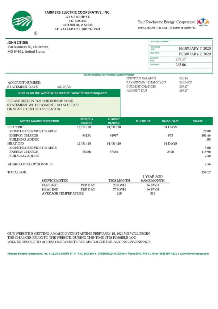 USA Ohio Farmers Electric Cooperative Utility Bill Word And PDF Template Version 2