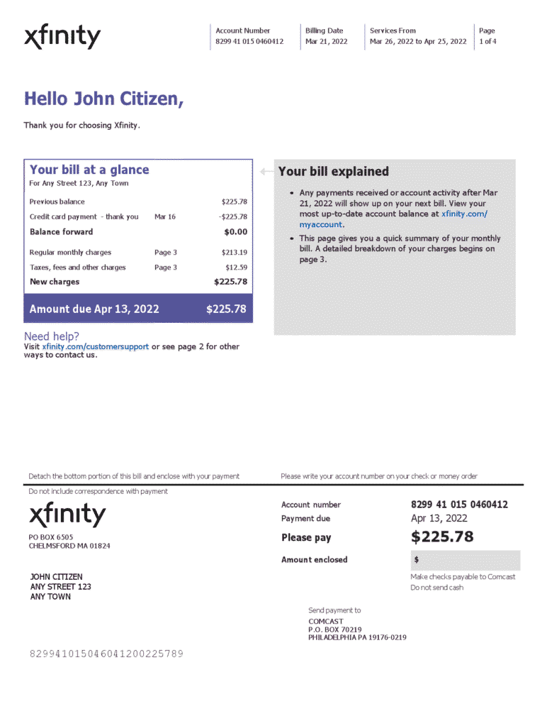 USA Philadelphia Xfinity Utility Bill Word And PDF Template 4 Pages