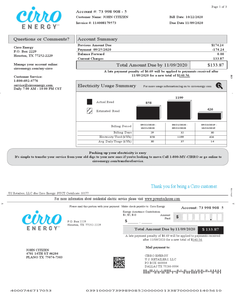 USA Texas Cirro Energy Utility Bill Word And PDF Template 3 Pages