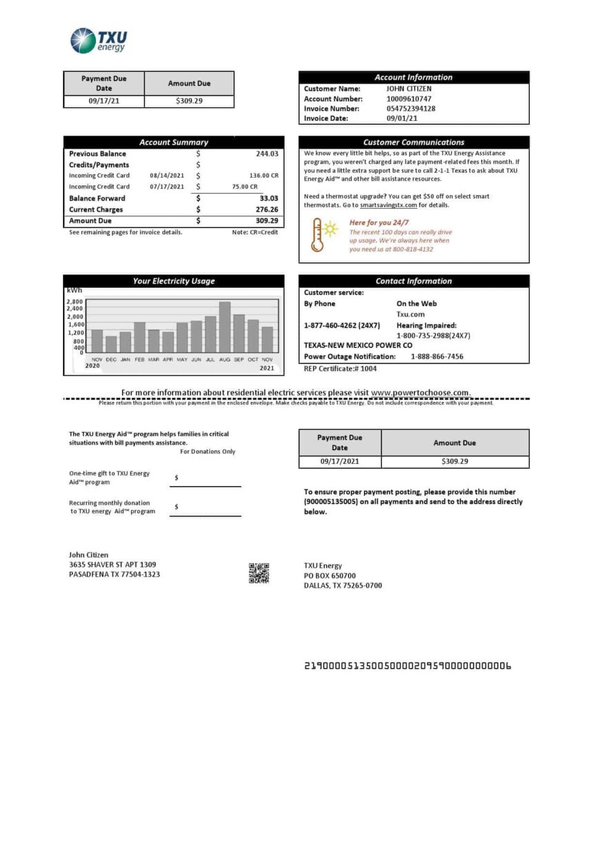 USA Texas TXU Energy Utility Bill Word And PDF Template