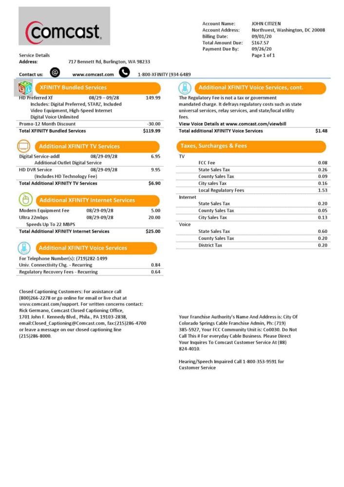 USA Utah Comcast Utility Bill Word And PDF Template Version 2