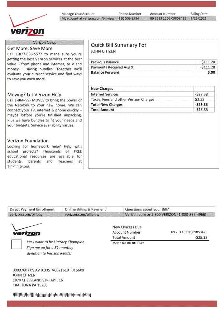 USA Verizon Utility Bill Word And PDF Template