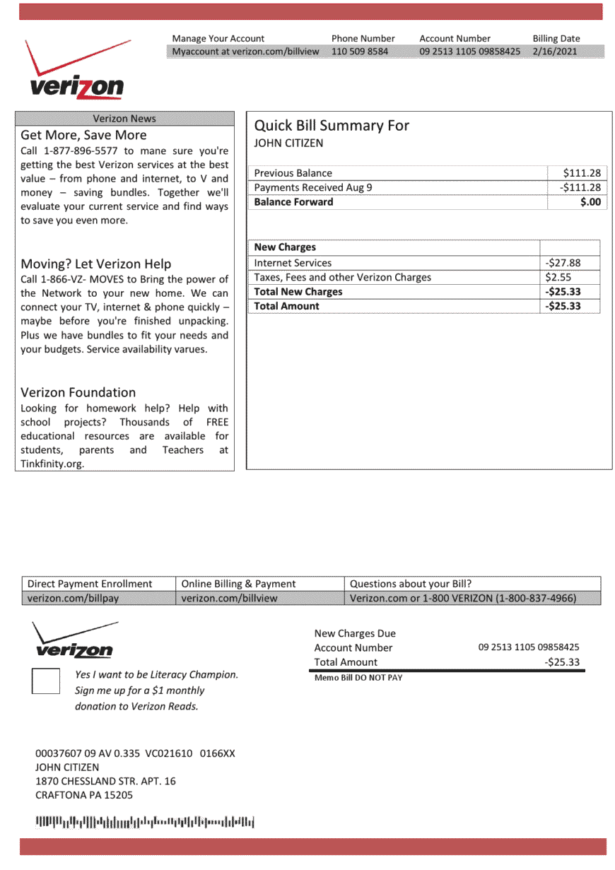 USA Verizon Utility Bill Word And PDF Template