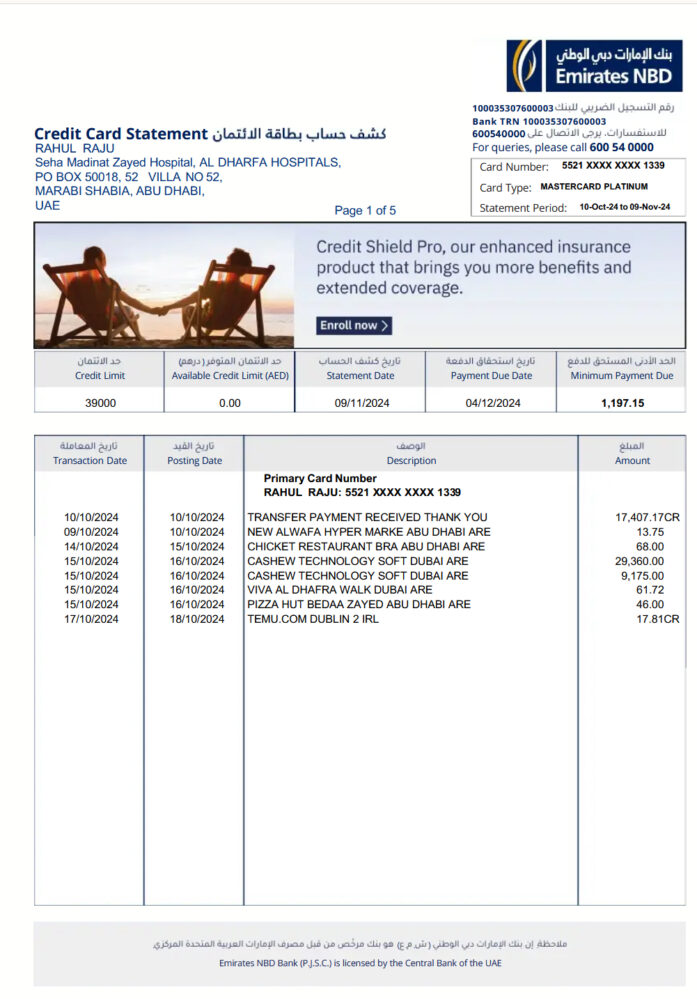 United Arab Emirates Emirates NBD Credit Card Statement Template in Word and PDF Format