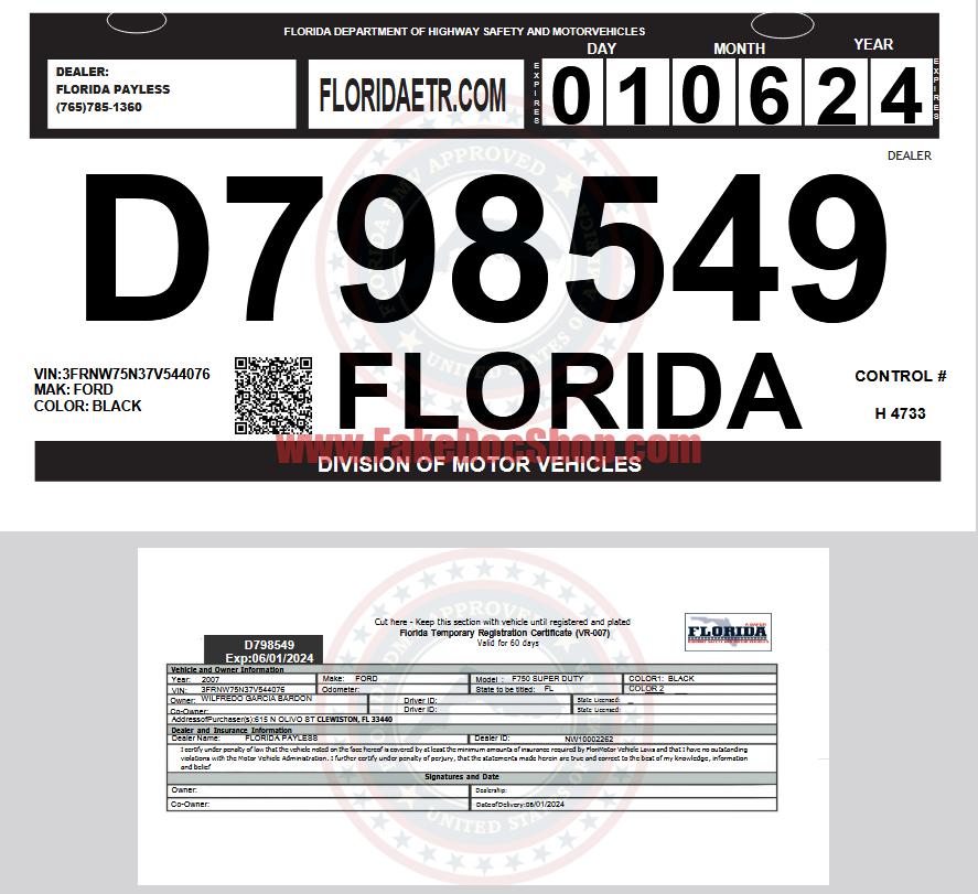 United States Florida Temporary Registration Certificate Template in Word and PDF Format