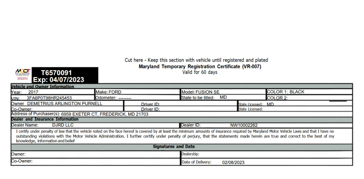 United States Maryland Temporary Registration Plate Template in Word and PDF Format