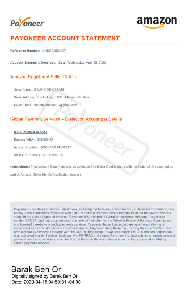United States Payoneer Account Statement Template in Word and PDF Format