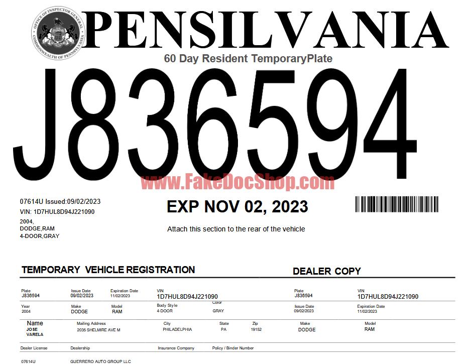 United States Pennsylvania Temporary Registration Plate Template in Word and PDF Format