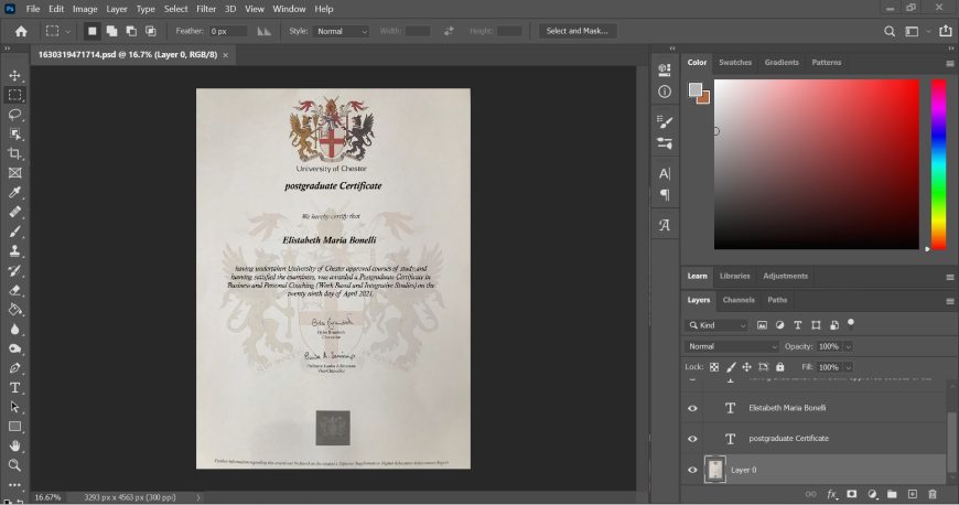 University Of Chester University Certificate PSD Template