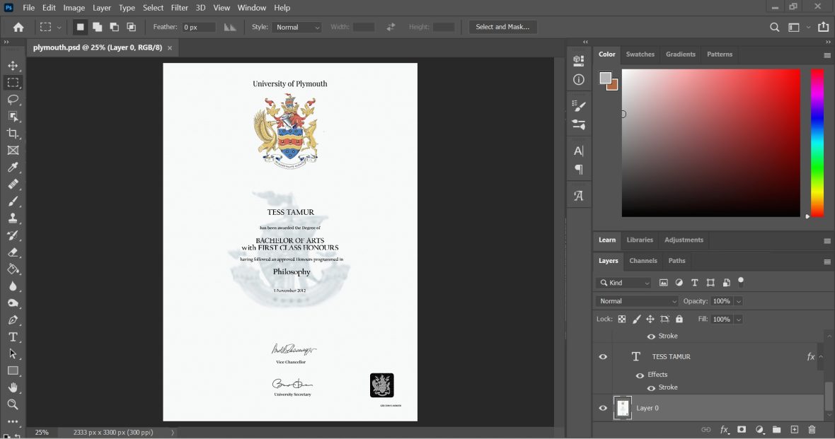 University Of Plymouth Certificate PSD Template