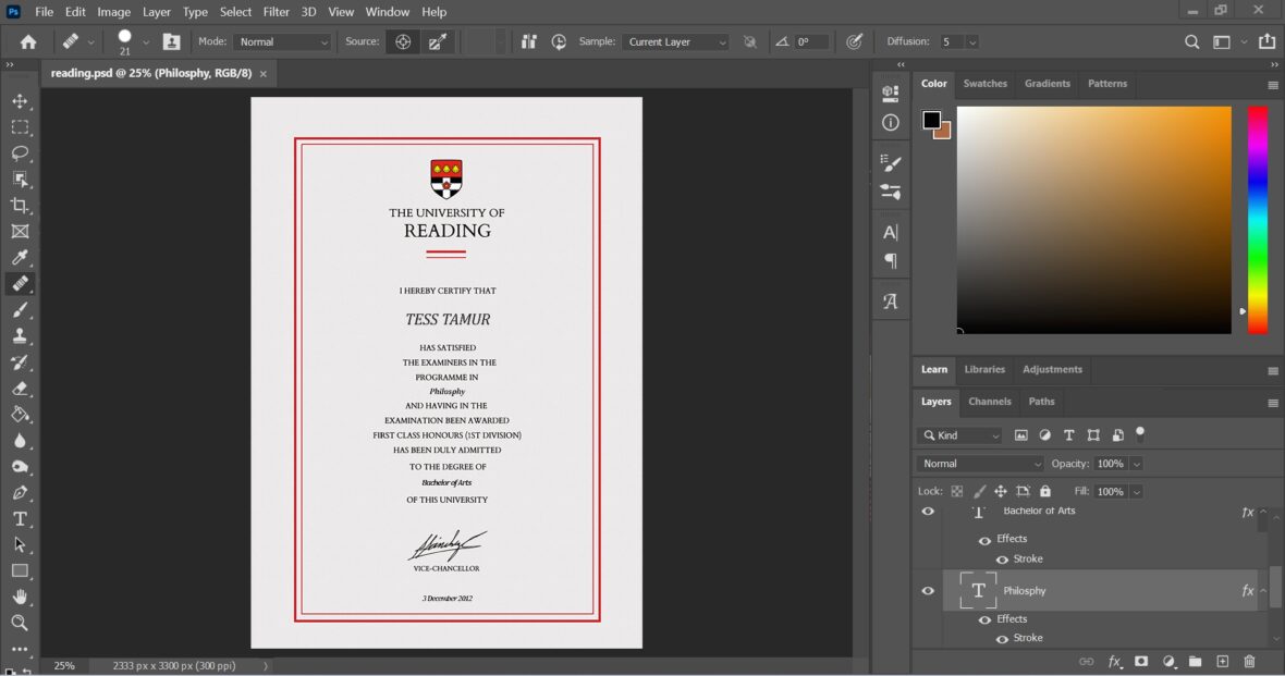 University Of Reading Certificate PSD Template