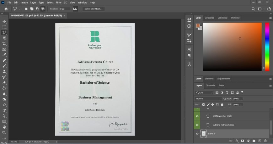 University Of Roehampton Certificate PSD Template