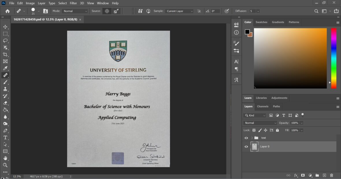 University Of Stirling University Certificate PSD Template