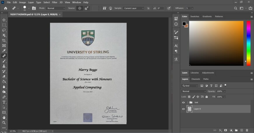 University Of Stirling University Certificate PSD Template