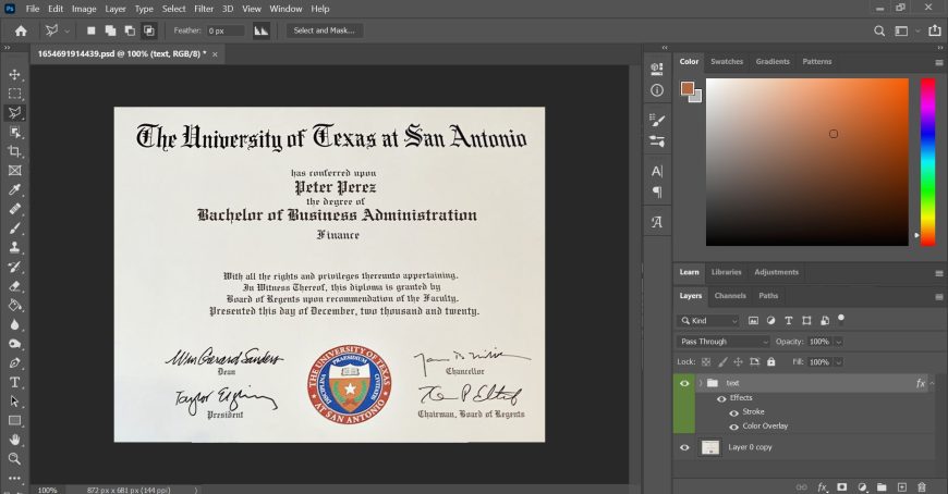 University Of Texas At San Antonio Certificate PSD Template